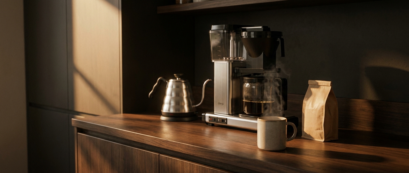 A Bonavita brewer and a gooseneck kettle on a walnut kitchen counter in warm morning light
