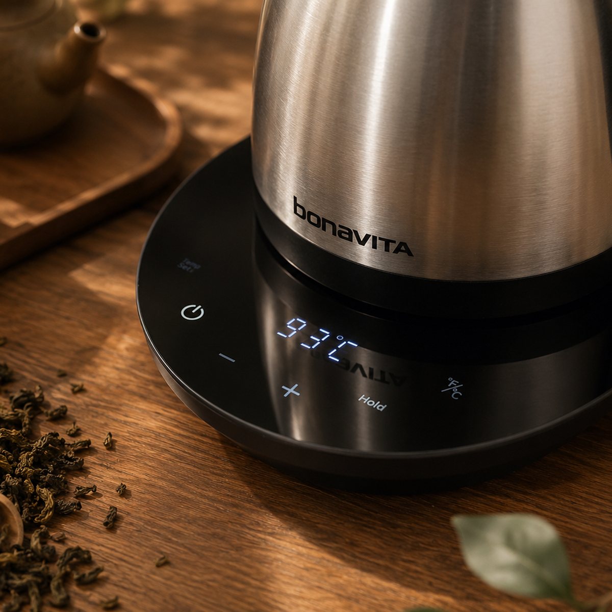 Bonavita Cosmopolitan stainless steel gooseneck electric kettle on its heating base