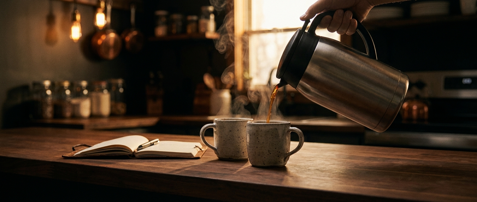 A Bonavita thermal carafe pouring coffee into two mugs beside an open notebook on a walnut table