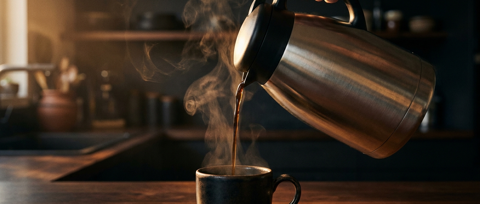 A stainless steel Bonavita thermal carafe pouring fresh black coffee into a ceramic cup in warm morning light